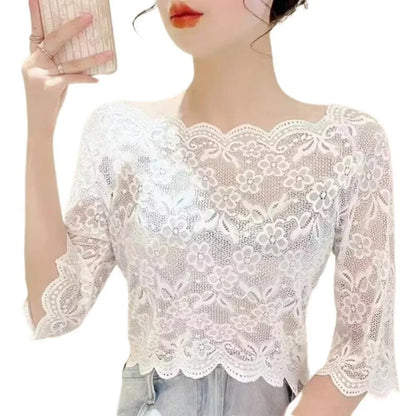 New One-word Collar Women Cropped Tops See-through Embroidery Half Sleeve Blouse Lace Pullover Tops Ladies