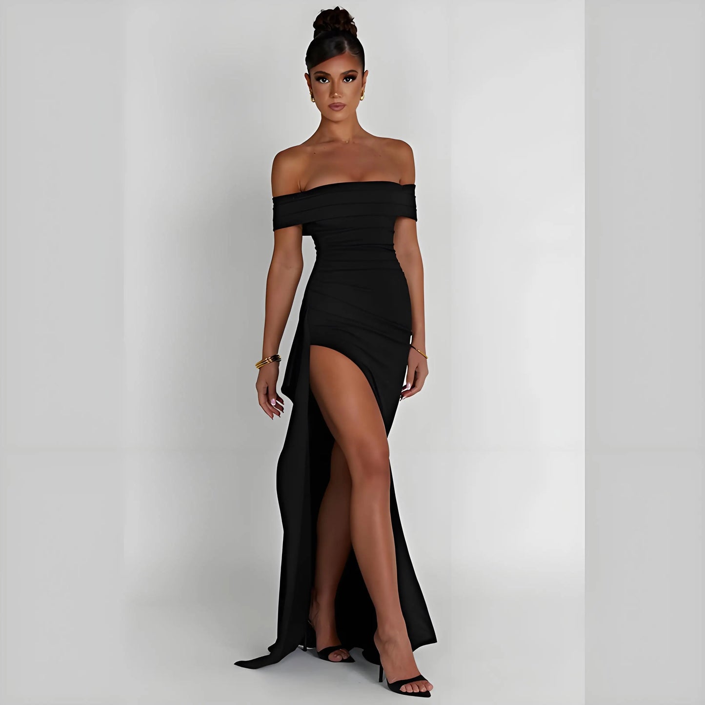 Elegant Evening Dress Pure Color Off-Shoulder Women's Sexy High Waist Side Slit Long Dress Formal Mcxi Women's Party Evening Dress