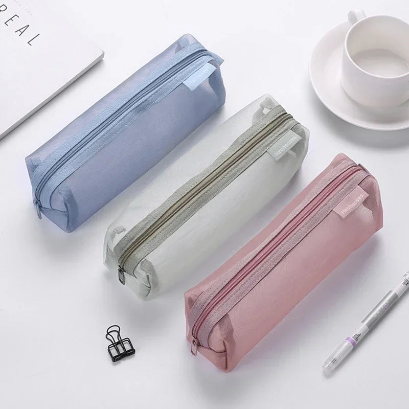 Mesh Pencil Case Transparent Pens Pouch Cute Simple Aesthetic Bag Organizer Office School Supplies for Student Stationary
