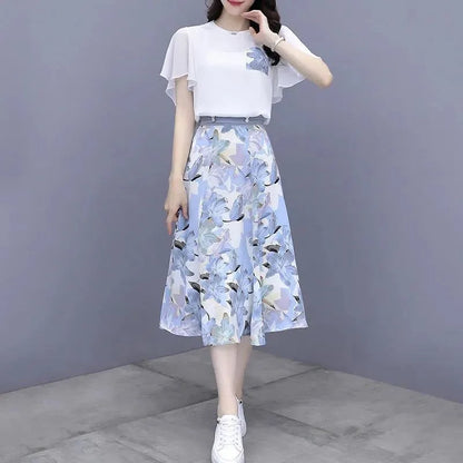 Floral Print Chiffon Dr Set Women's Summer Faion Slimming ular f-length Skirt Two-piece Set round Ne ort Sve