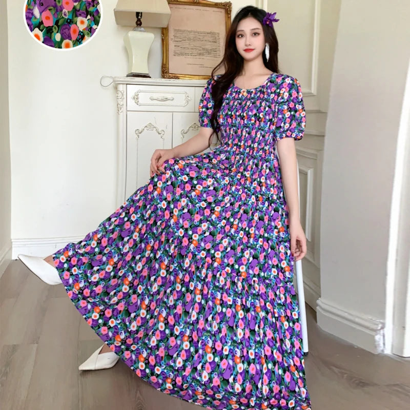 Summer New Cotton Silk Dr Casual High Waist Floral Print Beachwear Outerwear Slimming Waist Long Skirt A-Line Gown