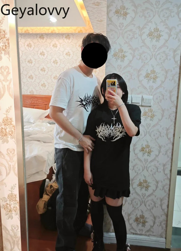 Japanese Mine Dark Goth Punk Summer Short-sleeved T-shirt Sweet Girl Couple T Shirt Versatile Print Simple Mid-length Tops