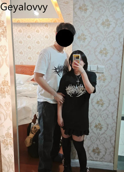 Japanese Mine Dark Goth Punk Summer Short-sleeved T-shirt Sweet Girl Couple T Shirt Versatile Print Simple Mid-length Tops