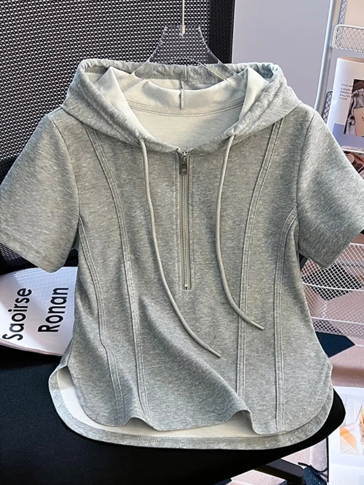 Summer New Women's Zipper Hoodie ort Sve T-irt Pure Cotton Slim Fit ort Fibone Top Korean Sle Commute Faion