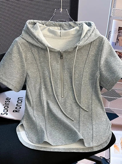 Summer New Women's Zipper Hoodie ort Sve T-irt Pure Cotton Slim Fit ort Fibone Top Korean Sle Commute Faion