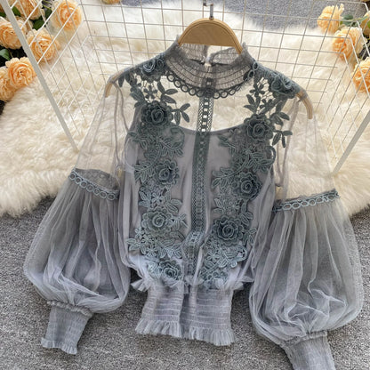 Lace Puff Long Sleeve Blouse Vintage Fashion Blouses Elegant Femme Blusas Korean Woman Tops Women Shirts Clothing Dropshipping