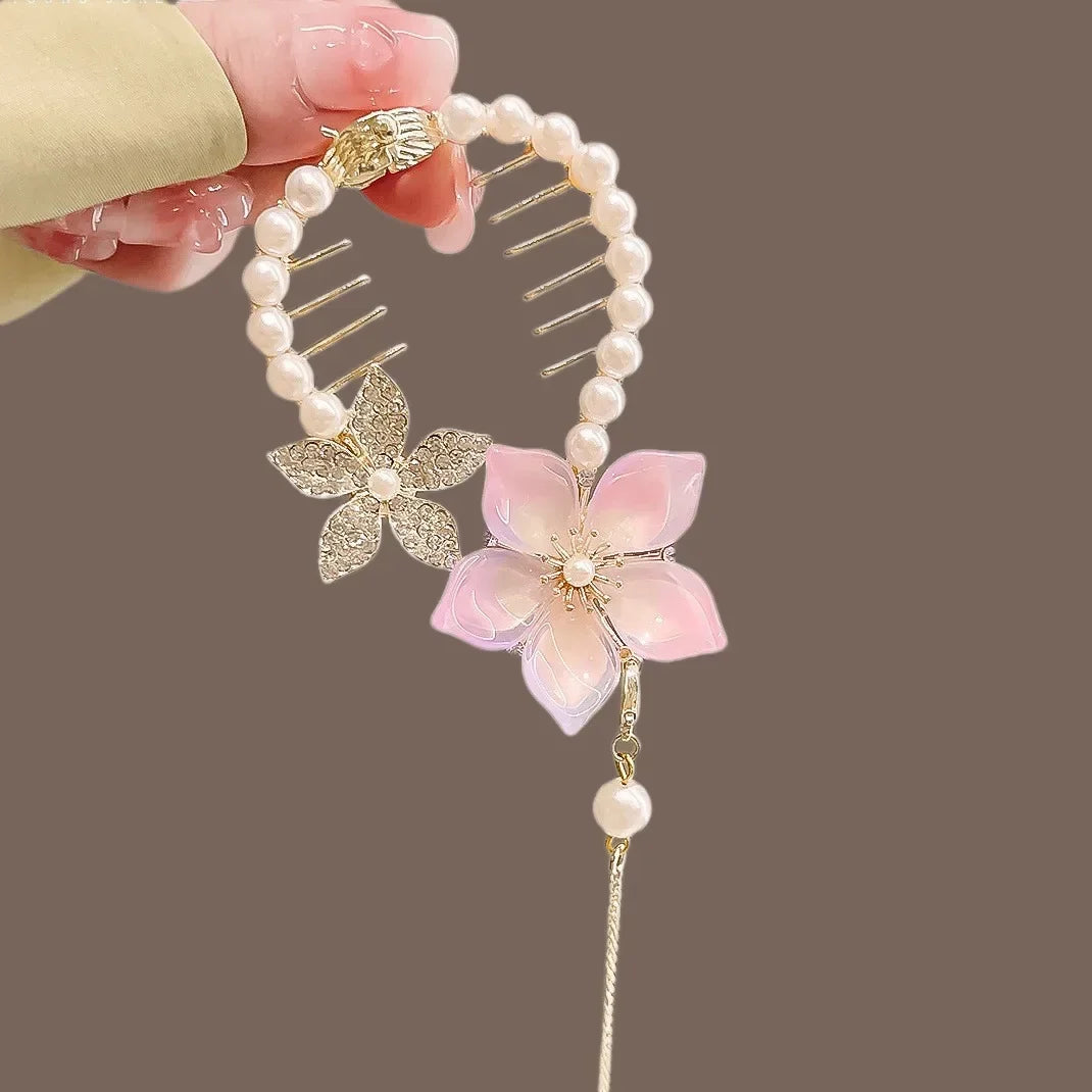 Ladies Butterfly Rhinestone Pearl Metal Hair Claw Round Bun Ponytail Holder (Available)