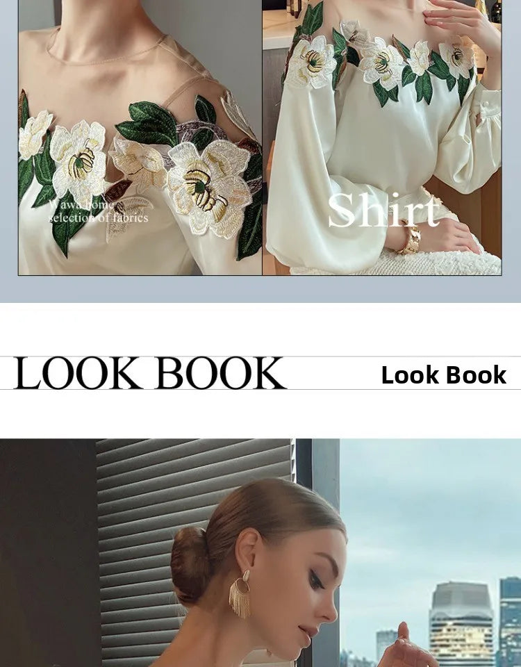 Embroidered Heavy Work Satin Patchwork irt Women's Sle Spring New Arrival Long Sve round Ne Fly Sve Lace Top