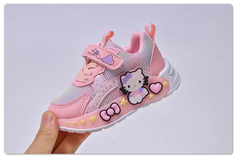 Hello Kitty Led Casual Sneakers for Summer Girls Print Mesh Breathable Shoes Children Lighted Non-Slip Cute Outdoors Sport Shoes