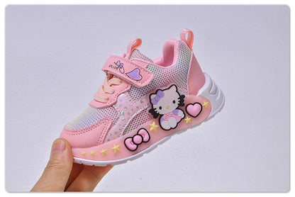 Hello Kitty Led Casual Sneakers for Summer Girls Print Mesh Breathable Shoes Children Lighted Non-Slip Cute Outdoors Sport Shoes