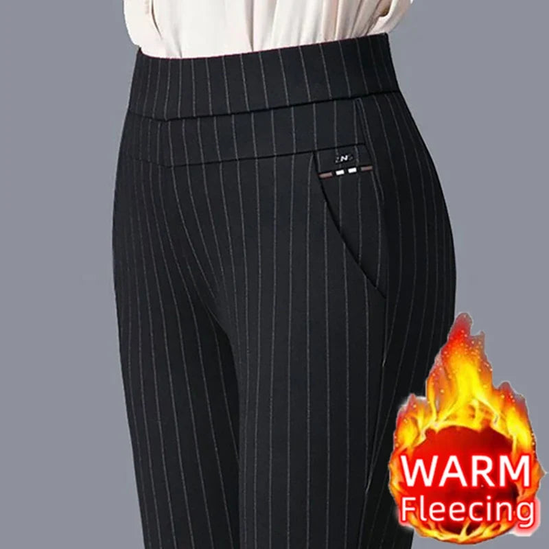 Autumn Winter Casual Elegant Office Slimming Solid Color Fleecing Thick Thin Women's Pants Elastic Waist Tight Pencil Pants (Available)