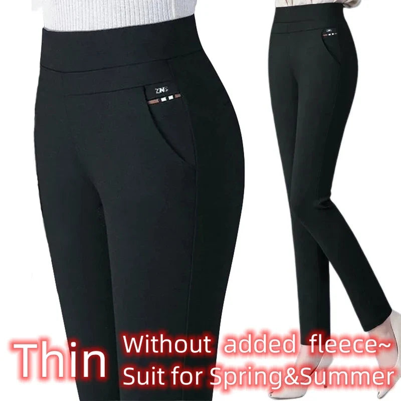 Autumn Winter Casual Elegant Office Slimming Solid Color Fleecing Thick Thin Women's Pants Elastic Waist Tight Pencil Pants (Available)