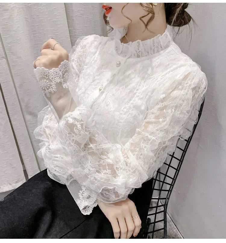 Blouse Women Shirt Lace Long Sleeve Women's Clothing Spring Lantern Sleeve Stand Collar Cardigan Top Blusas Mujer De Moda