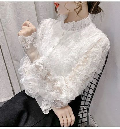 Blouse Women Shirt Lace Long Sleeve Women's Clothing Spring Lantern Sleeve Stand Collar Cardigan Top Blusas Mujer De Moda