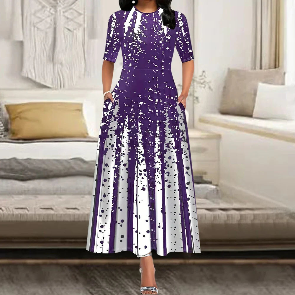 Women's Elegant Party Long Dresses Loose Round Neck Short Sleeves Retro Printed Casual Long Dress  (Available)