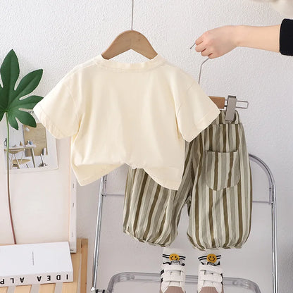 Summer Kid's Clothing Sets Boys' Short Sleeve Outfit Vertical Stripes T-shirt Pants 2Pcs Trendy Children's Costume Stylish