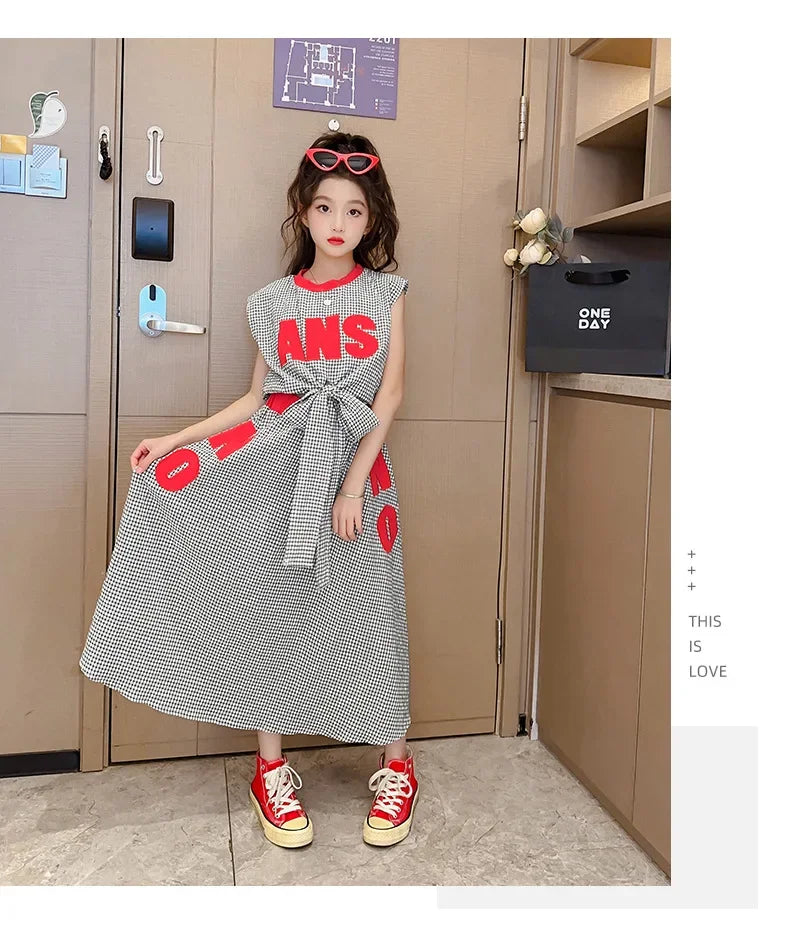 Girls Clothes Summer Kids Fashion Letter Vest + Skirt 2pcs Set Children Clothing Suit Teen Girl Plaid Bowknot Sleeveless Outfits