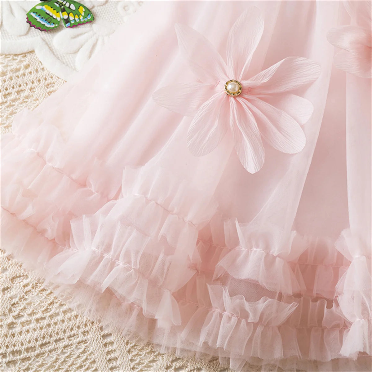 Girl Party Dress Summer New Sleeveless Solid Color Baby Girl Clothing Mesh Pleated Edges 3d Flowers Girl Costume