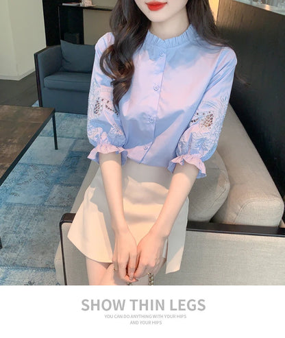 Ele Embroidered ort Sve irt Women's Summer New Design Korean Sle Commute Lantern Sve White irt for Ladies