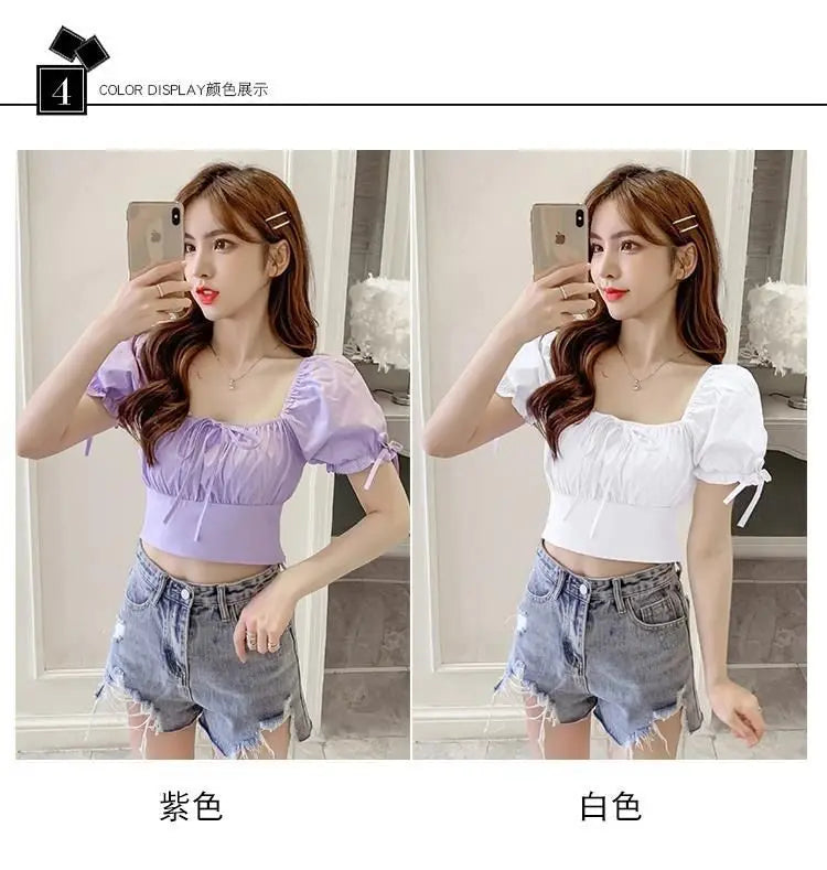 New Women's One-shoulder Lace-up Short Sleeve Waist-hugging Top
