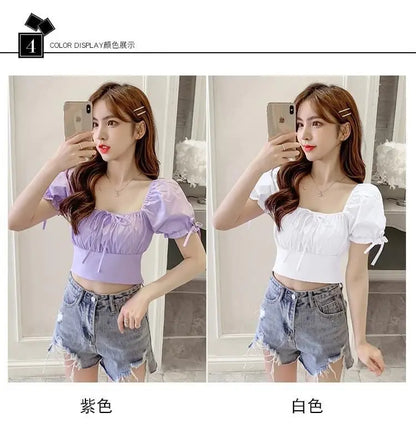 New Women's One-shoulder Lace-up Short Sleeve Waist-hugging Top