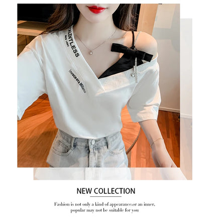 Unique Design oulder Bared ort Sve V-Ne Loose T-irt for Women  Knot Print Splice Asymmetrical Korean Sle