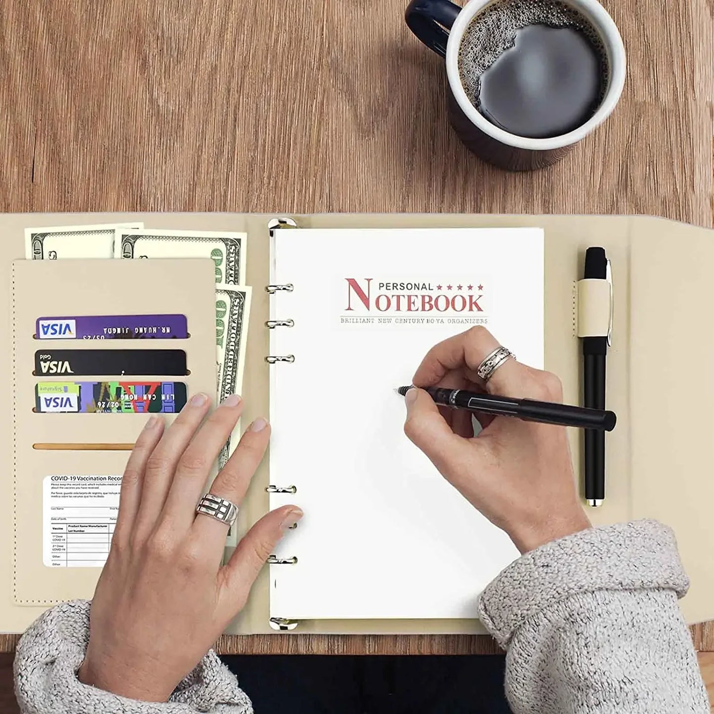 A5 Binder Refillable Planner Faux Leather Notebook Journal with Card Pen Holder Outdoor Journal Planner Agenda DIY Birthday Gift