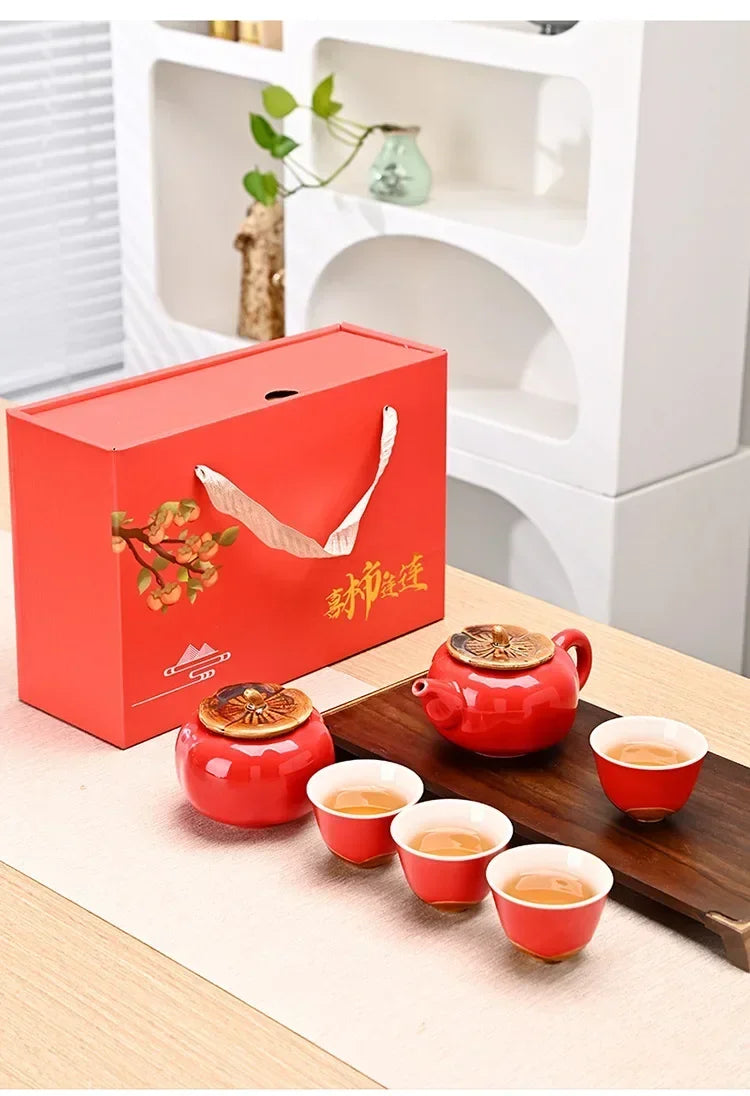 Auspicious Red Ceramic Tea Set Gift Box - Chinese New Year Wedding Corporate Gifts, Good Fortune Design Teapot & Cups