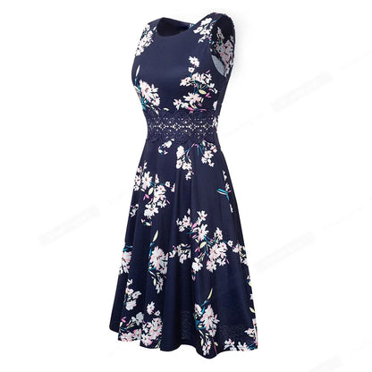 Women Vintage Casual Round Neck A line Summer Elegant Floral Lace Patchwork Sleeveless Tunic Party Swing Dress HA079