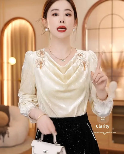 Faionable Floral Patchwork Long Sve irt Women's Winter Luxury Sle Ele Top French Sle Loose Fit Polyester Fiber