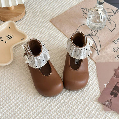 Girl's Leather Shoes Frilly Pearl Adorable Hook-loop Kids Flat Shoe Beige Brown Shallow Sweet Trendy Children Shoe 23-34