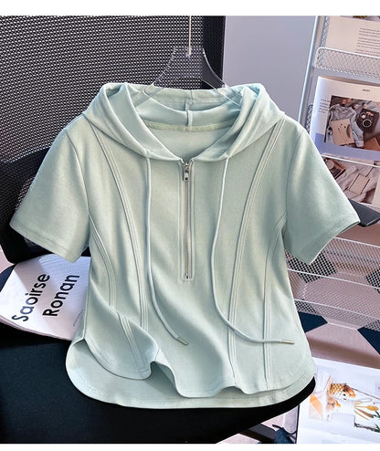Summer New Women's Zipper Hoodie ort Sve T-irt Pure Cotton Slim Fit ort Fibone Top Korean Sle Commute Faion