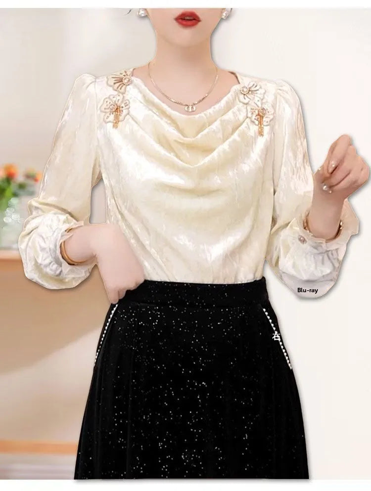 Faionable Floral Patchwork Long Sve irt Women's Winter Luxury Sle Ele Top French Sle Loose Fit Polyester Fiber