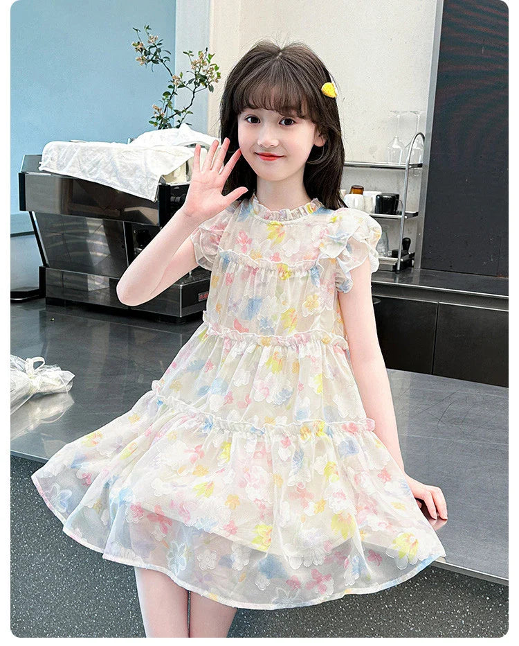 Summer girl's dress new style children's Western style floral chiffon princess dress printed baby's park play skirt