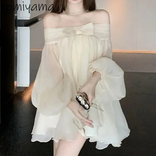 Bow Slash Neck Vestidos Off Shoulder Dress Sexy Sweet Vestido Fairy Mini Loose Dresses Spring 2026 New Long Sleeve Ropa Mujer