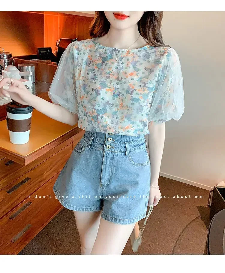 Floral Short-sleeved Chiffon Women's New Puff Sleeve Top Chic and Fashionable Shirt