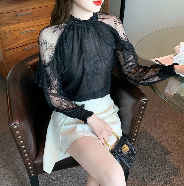 Chiffon Women's Shirt and Blouse Lace Flowers Luxury Designer Youthful Woman Clothes Vintage Clothing Female Tops Trend 2025 New