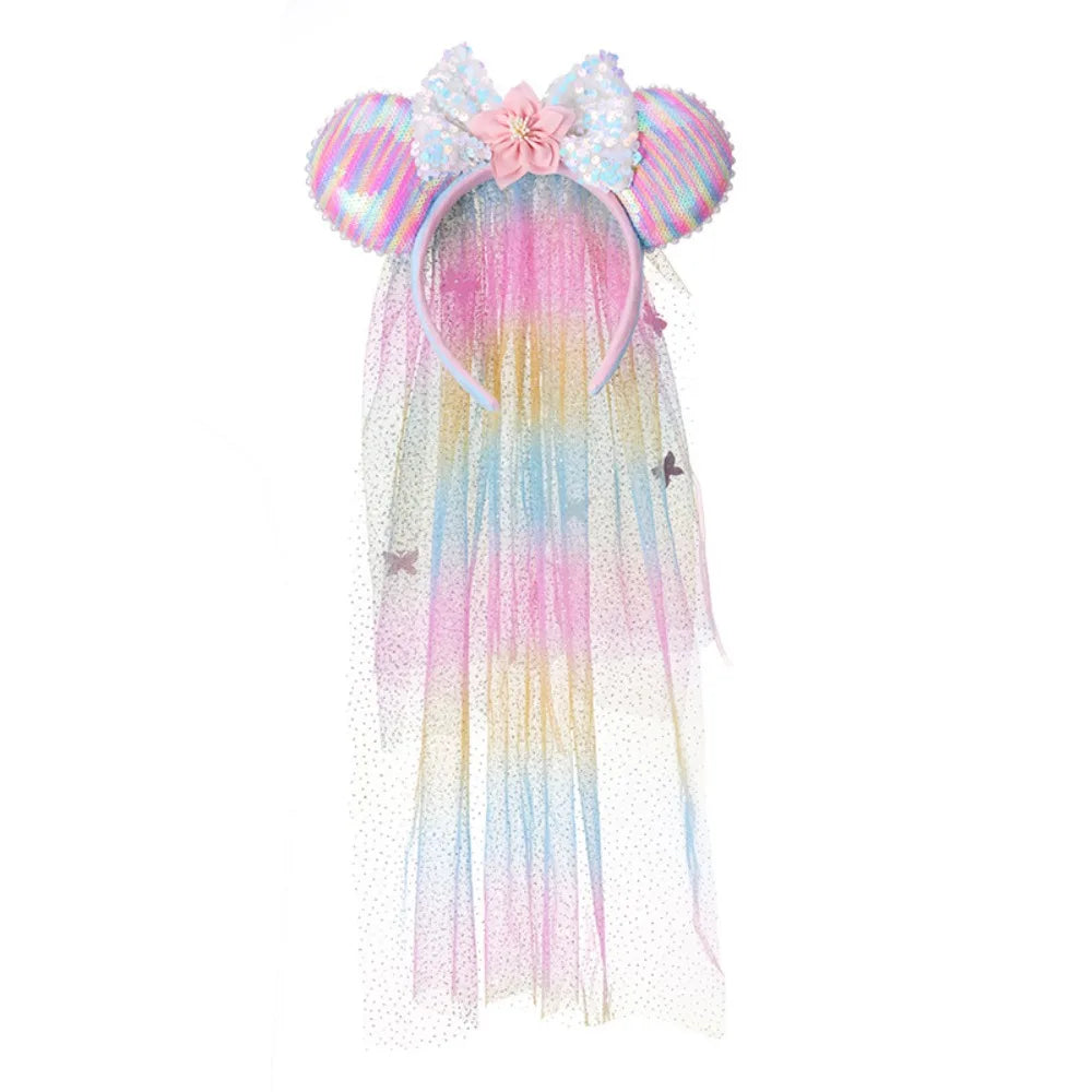 Adorable Sweet Rainbow Mouse ears veil Headband Gradient Butterfly Knot Hairband Theme Fresh Style Women's Hair Accessories