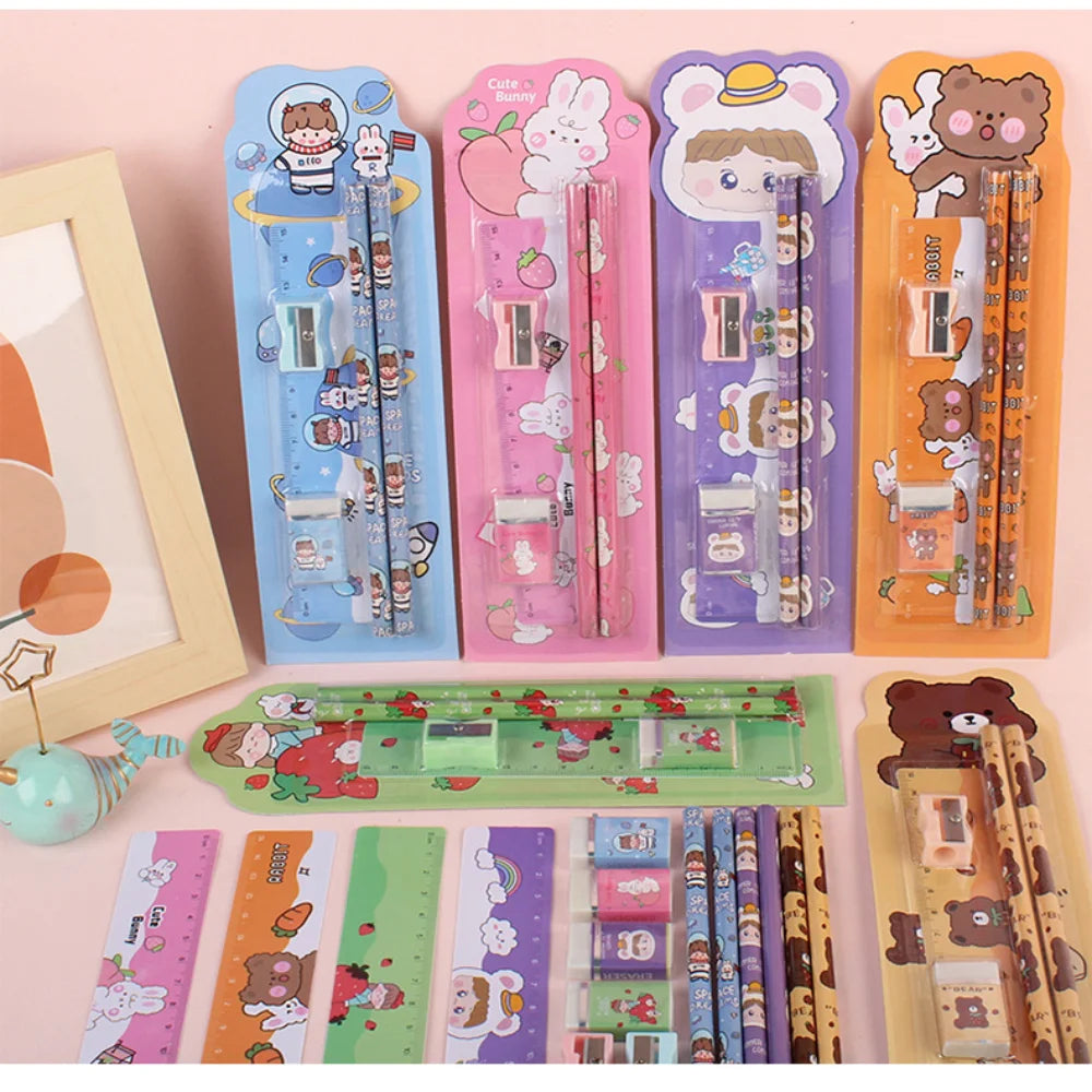 5Pcs Cute Cartoon Stationery Set Pencil Ruler Eraser Pencil Sharpener Kawaii Children School Scrapbook Supplies Set For Gifts