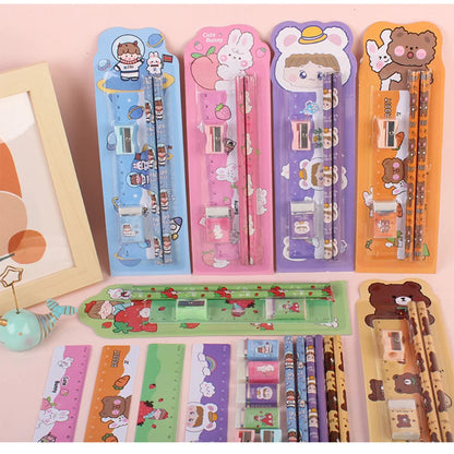 5Pcs Cute Cartoon Stationery Set Pencil Ruler Eraser Pencil Sharpener Kawaii Children School Scrapbook Supplies Set For Gifts