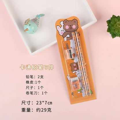 5Pcs Cute Cartoon Stationery Set Pencil Ruler Eraser Pencil Sharpener Kawaii Children School Scrapbook Supplies Set For Gifts