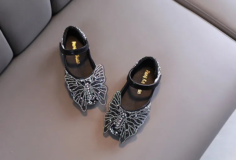 Girls Leather Shoes Children's Lace Butterfly Rhinestone Pearls Beading Performance Single Shoes Fashion Weeding Kids Shoes
