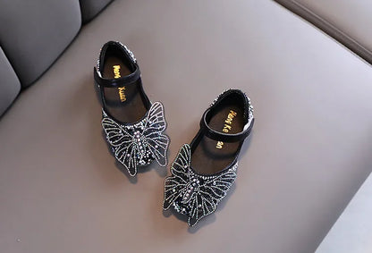 Girls Leather Shoes Children's Lace Butterfly Rhinestone Pearls Beading Performance Single Shoes Fashion Weeding Kids Shoes