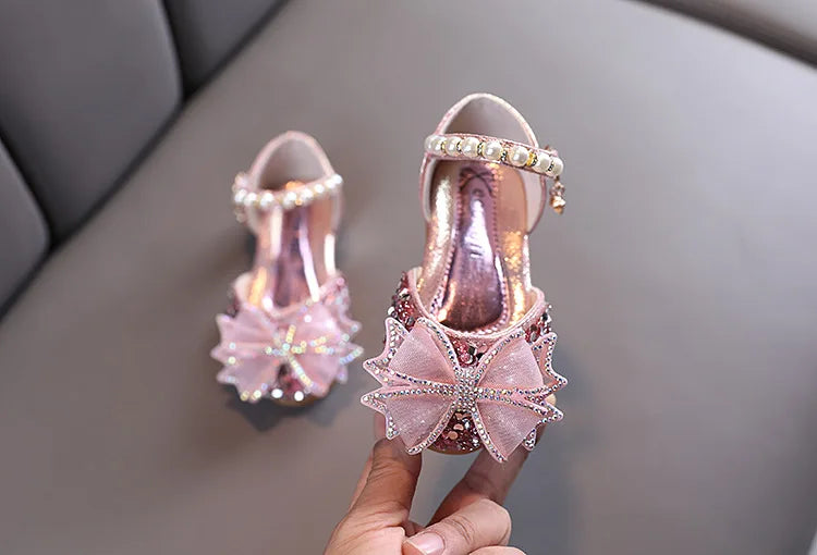Girls Sandals Princess Single Shoes Rhinestone Butterfly Dance Kids Shoes Glitter Leather Party Dress Wedding Shoes E615