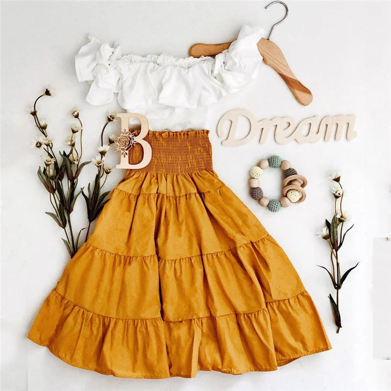 Toddler Kid Baby Girl Clothes Sets Children Outfits Summer Ruffle Off Shoulder Tops Skirts Holiday Clothing (Available)
