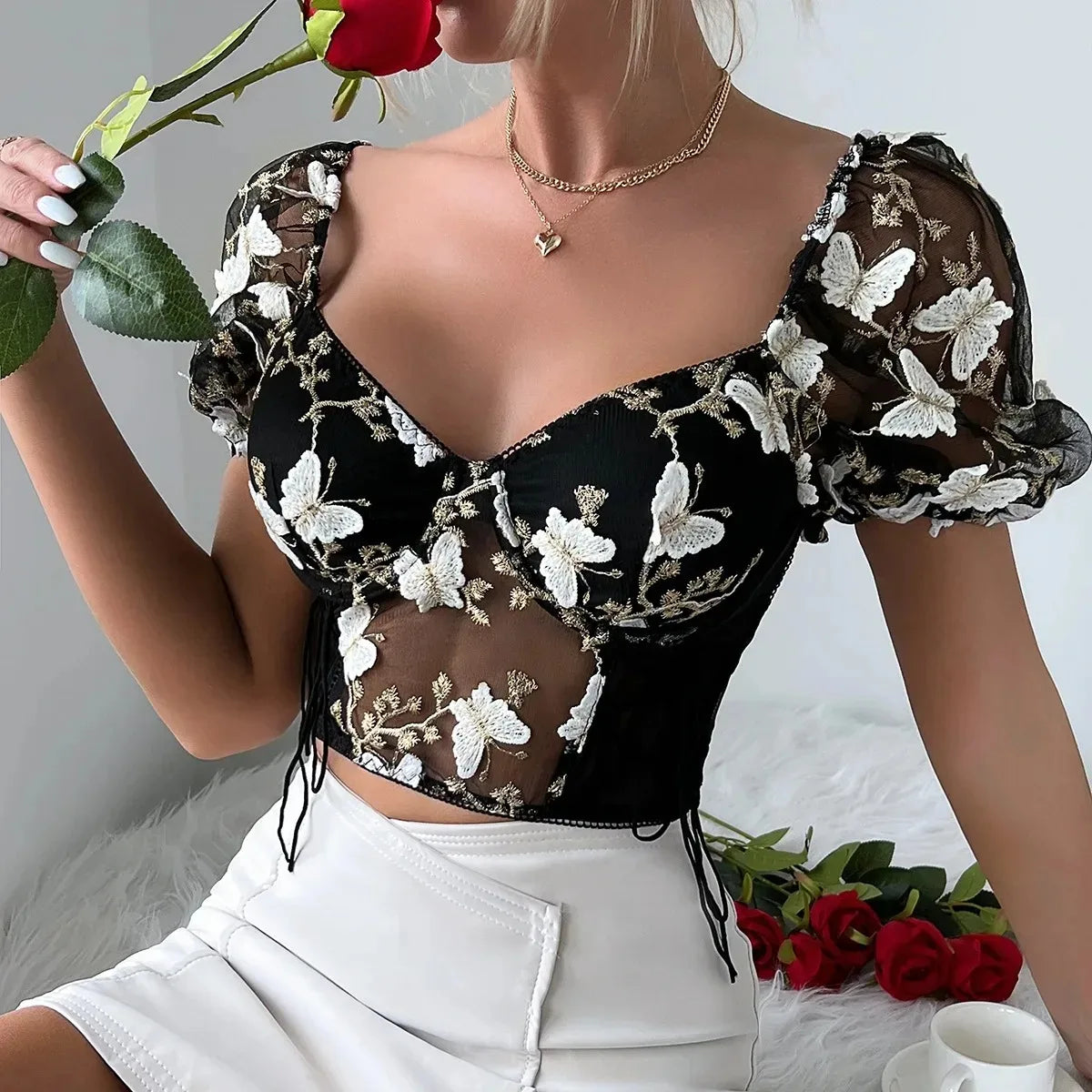 Women Summer Sexy Mesh Flower Embroidery Design Puff Sleeve Fishbone Corset Ins Style Slim-fit Sweet Spice Girl Short Crop Tops