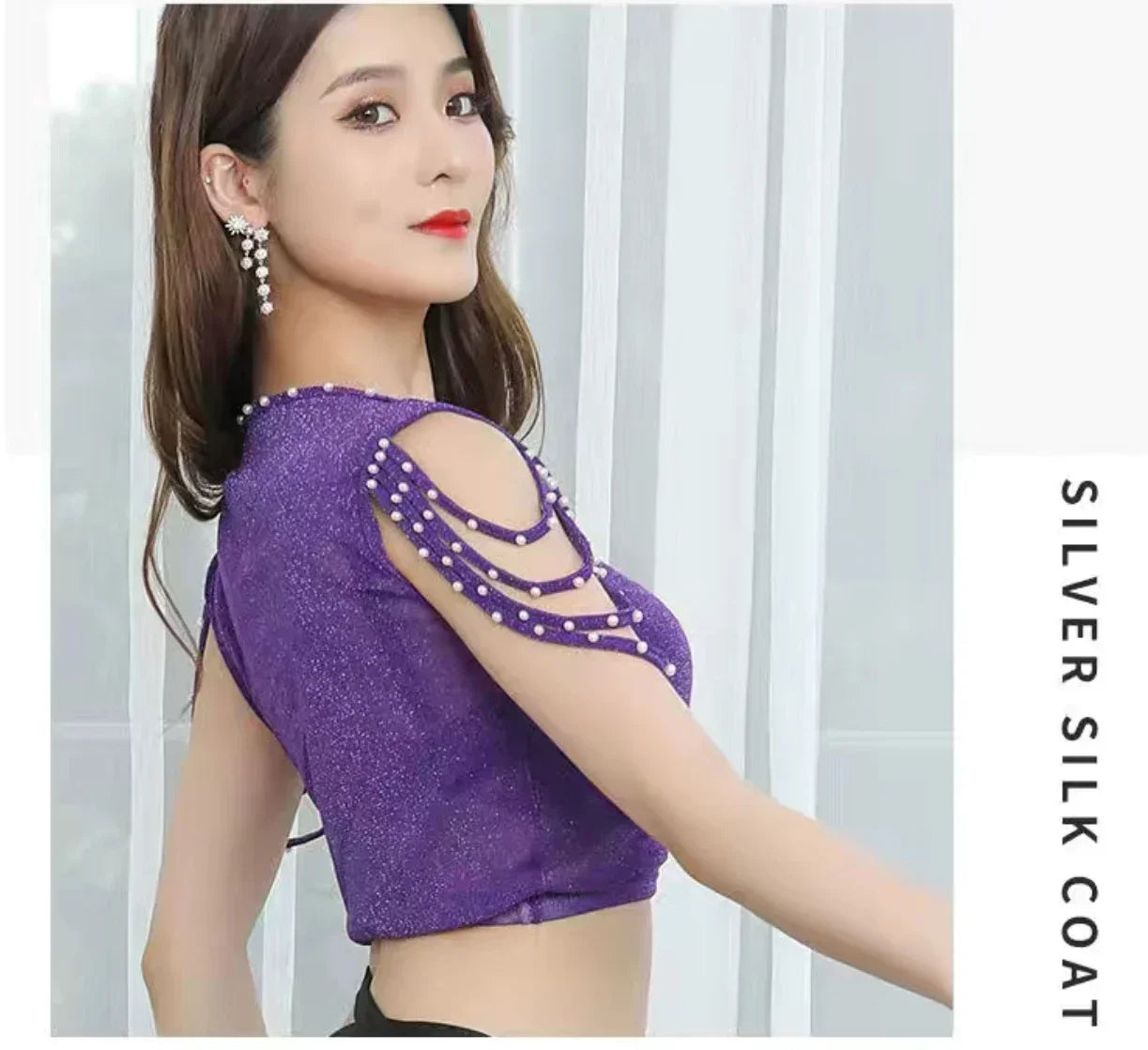 Belly dance sleeveless top sexy new exercise clothes high elastic mesh and beaded oriental dance clothes female exercise clothes
