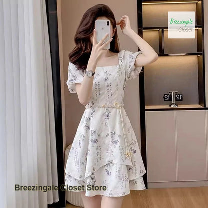 Summer new ink-and-wash square collar dress female new Chinese casual bubble short-sleeved fairy skirt retro waist A-line skirt