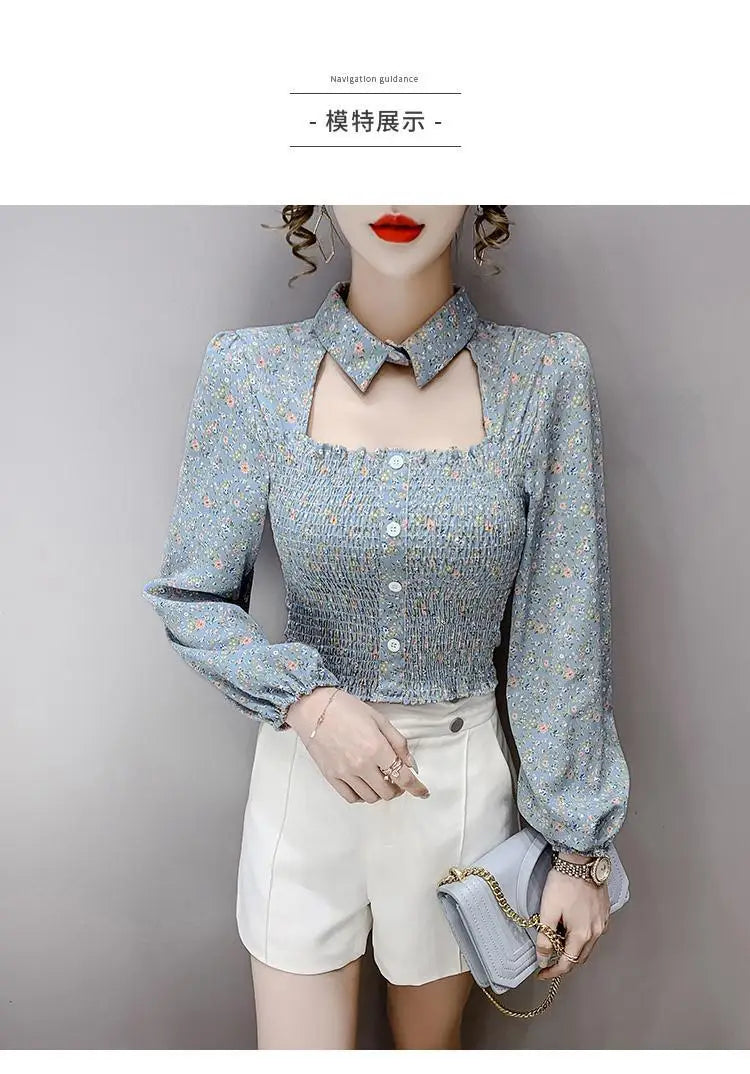 2025 Floral Chiffon Shirt New Spring Summer Women Collect Waist Hollow Out Tops Vintage Blouse Women Longsleeve Short Shirt 3XL