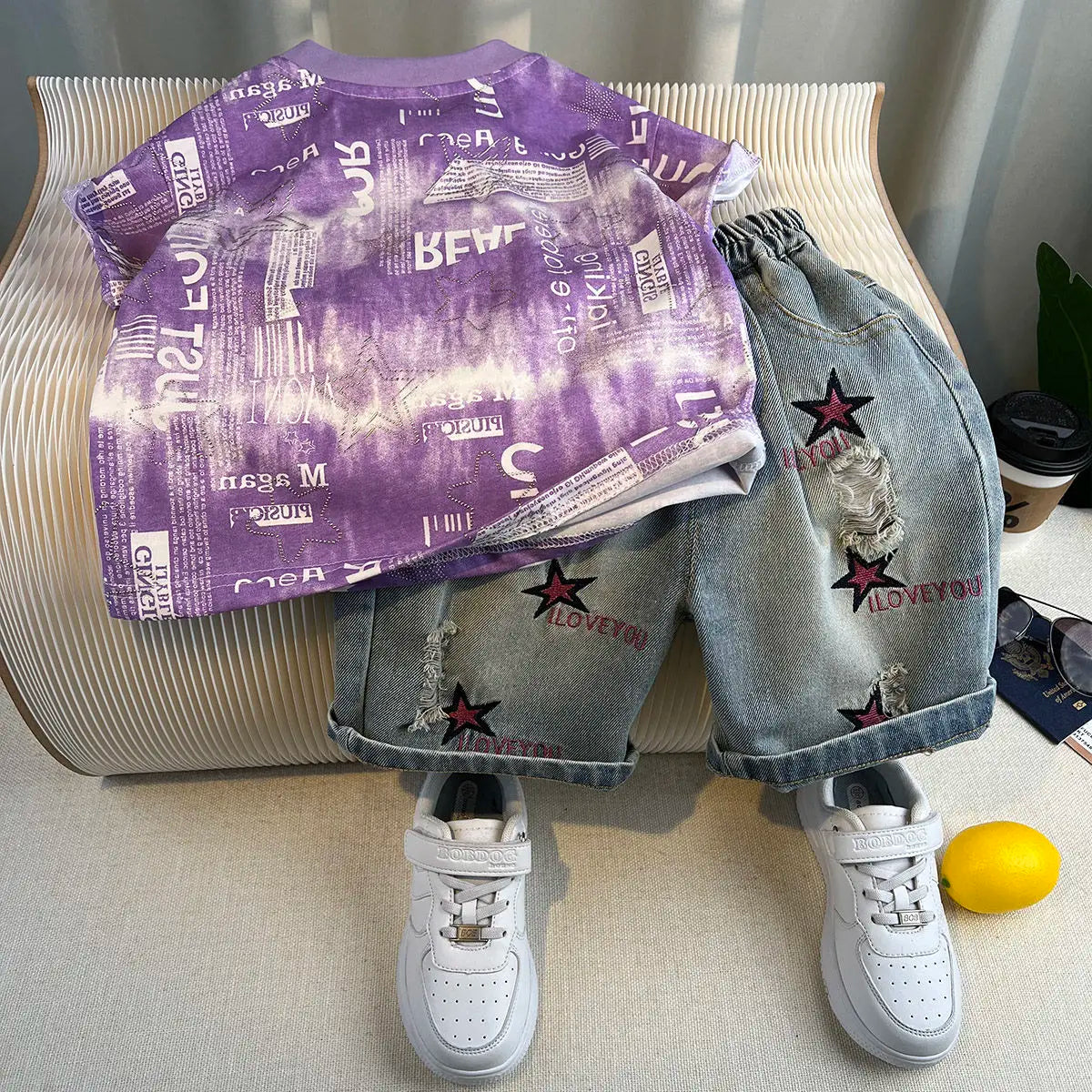 New Boys Fashion Summer Cotton Letter Printing T-shirts+Graffiti Denim Shorts 2pcs Set Kids Korean Outfits Sets Children Clothes